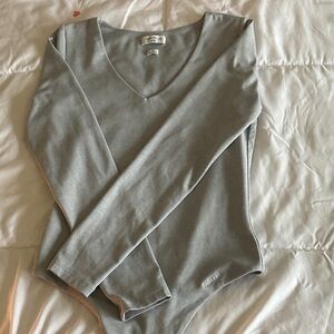 Aritzia Light Gray V‑Neck Long Sleeve Bodysuit